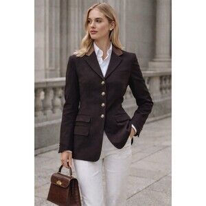 Lauren Ralph Lauren Brown Wool Leather Collar Horse Buttons Equestrian Blazer